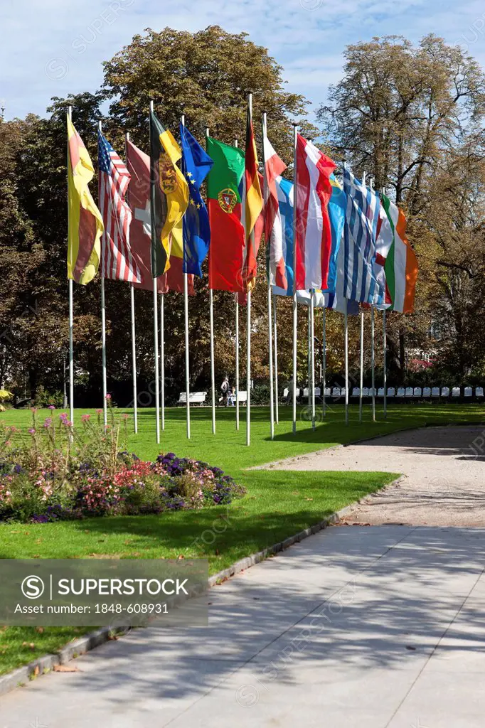 Flags in the spa park in Baden-Baden, Black Forest, Baden-Wuerttemberg, Germany, Europe