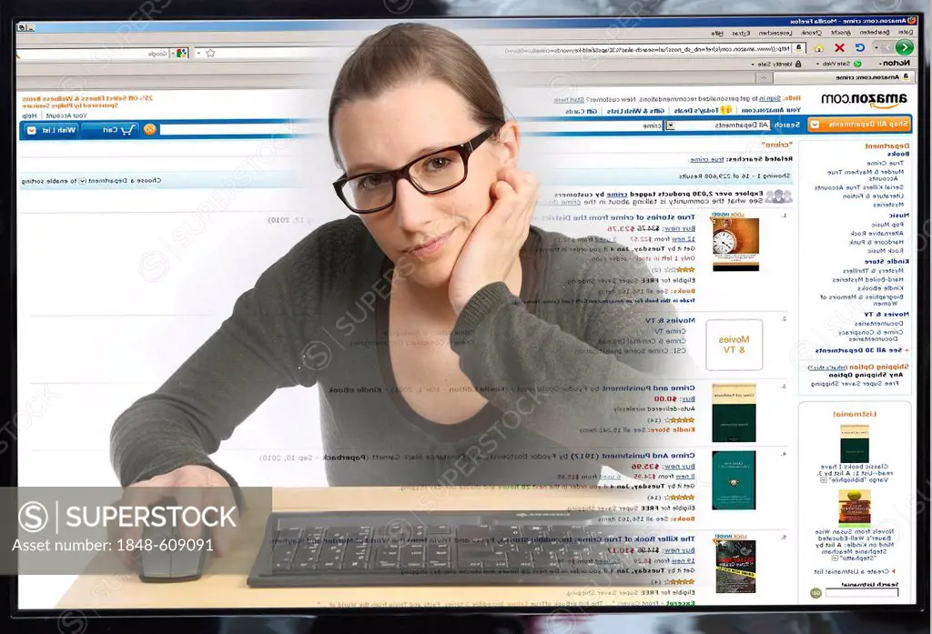 Young woman sitting at a computer surfing the Internet, viewing a page of the Internet shopping portal, Amazon, view from within the computer, symboli...