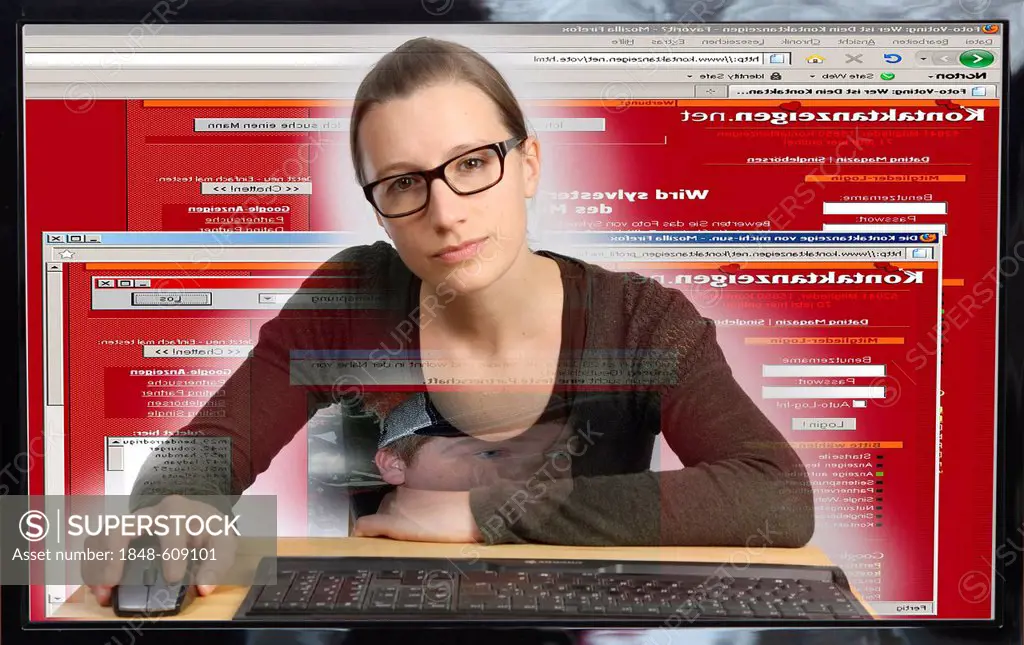 Young woman sitting at a computer surfing the Internet, viewing a page with contact ads, a flirt portal, view from within the computer, symbolic image