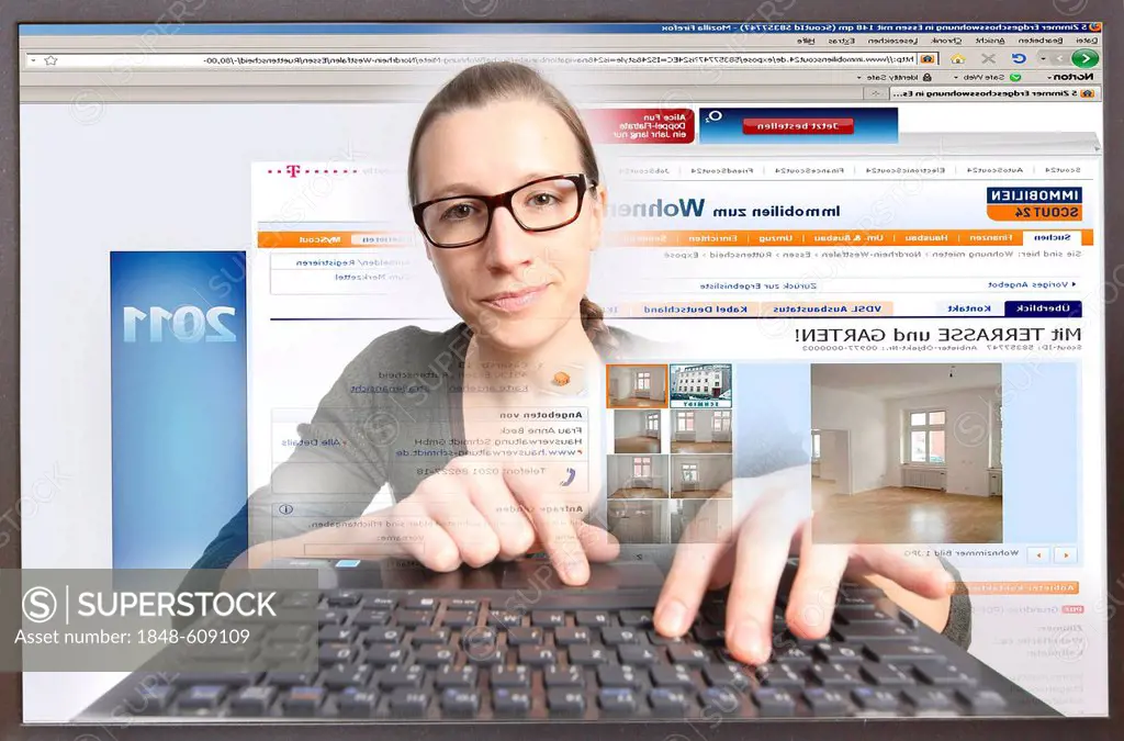 Young woman sitting at a computer surfing the Internet, viewing a real estate site, Immobilienscout24.de, view from within the computer, symbolic imag...
