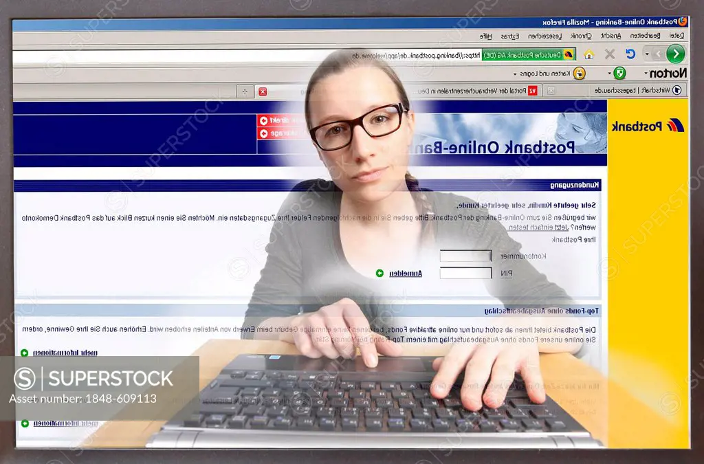 Young woman sitting at a computer surfing the Internet, viewing an Internet banking site, Postbank, logging into an online account, view from within t...