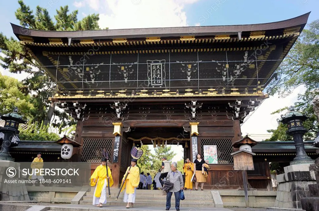 Wooden gate house, temple festival, Matsuri Festival, at the Kitano Tenmangu Shrine, Kyoto, Japan, Asia