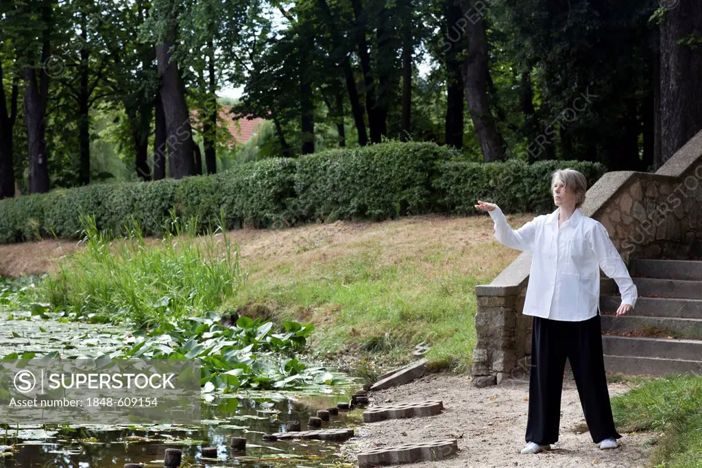 Woman demonstrating a Qi Gong exercise, Nei Yang Gong, Internal Qi Gong Cultivation course in Lindenhof, Lindenhof-pond with water lilies and bridges,...