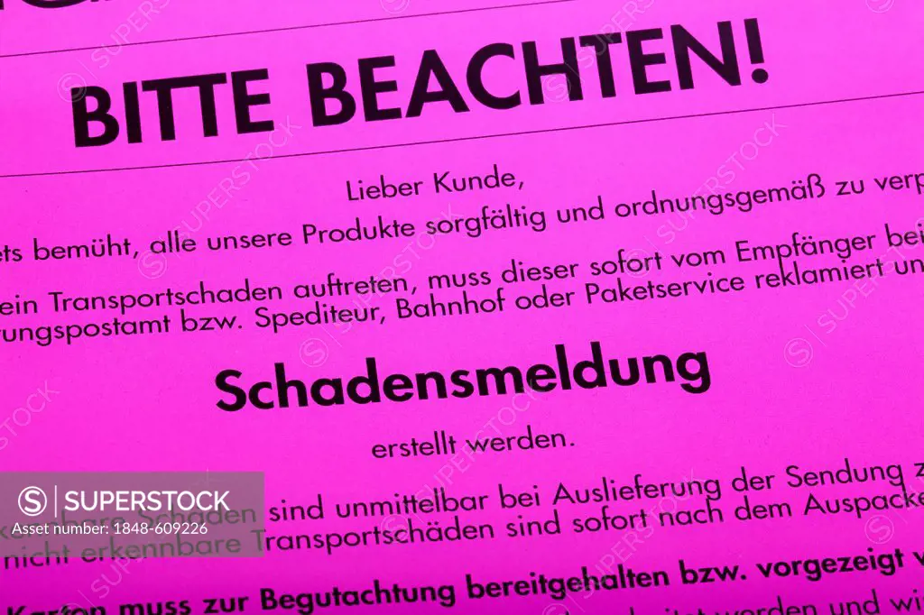 Notice on a Schadensmeldung, a German damage claims report