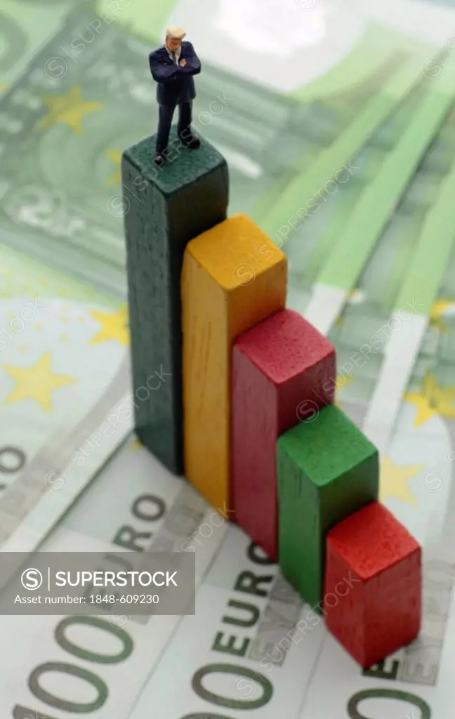 Bar chart with a miniature businessman figure standing on banknotes, symbolic image