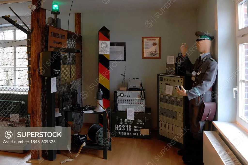 Showroom with historic border security equipment and a historic GDR boundary post, Grenzhus Museum, Neubauernweg 1, Schlagsdorf in the former border a...