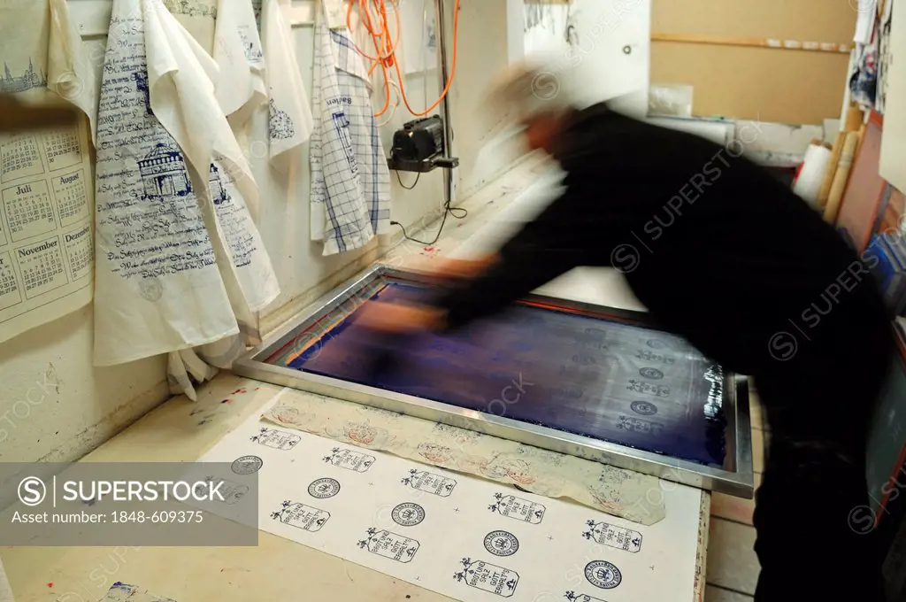 Textile printer, motion blur, screen printing fabric, Lueneburg, Lower Saxony, Germany, Europe