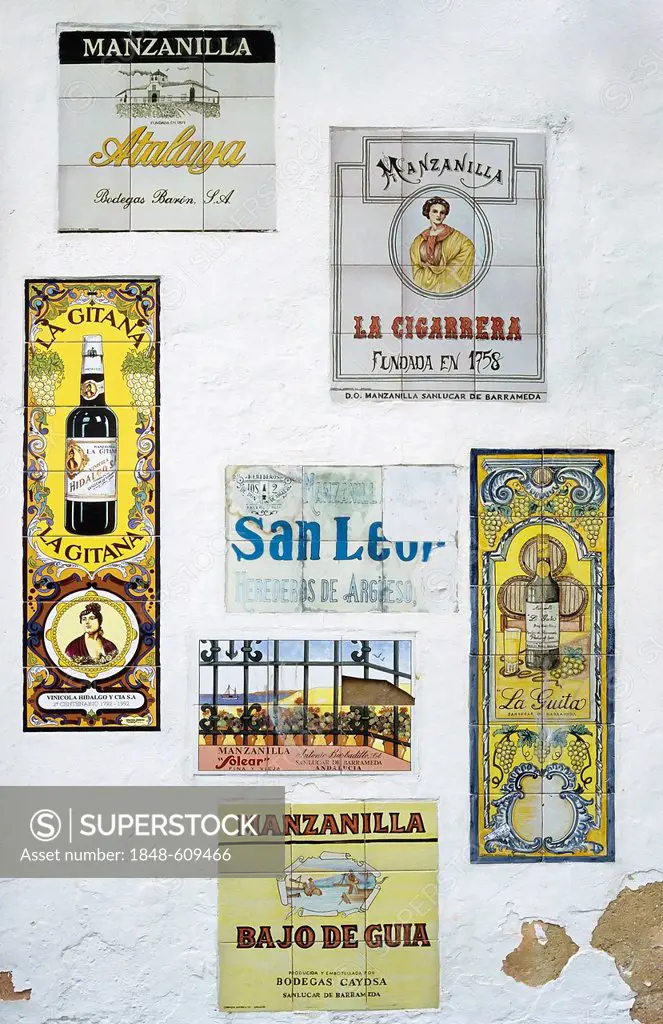 Tiled advertising signs for speciality Sherry Manzanilla, Sanlúcar de Barrameda, Costa de la Luz, Andalusia, Spain, Europe