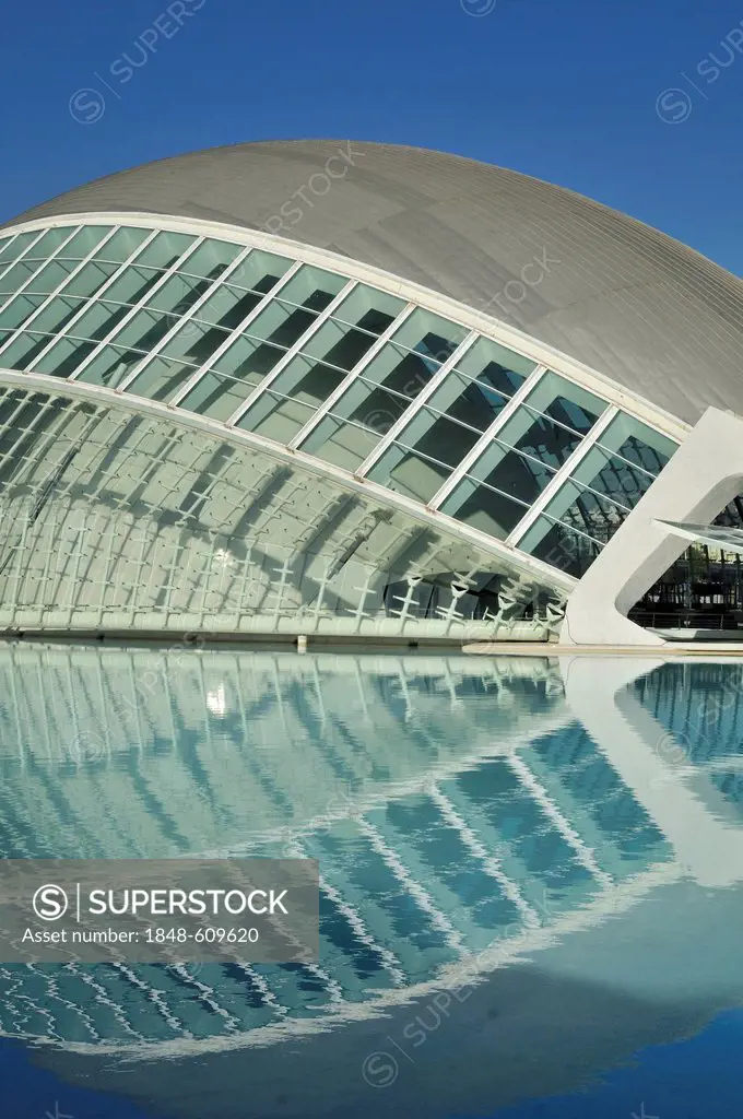 L'Hemisferic, Imax cinema and planetarium, Ciudad de las Artes y las Ciencias, City of Arts and Sciences, designed by Spanish architect Santiago Calat...