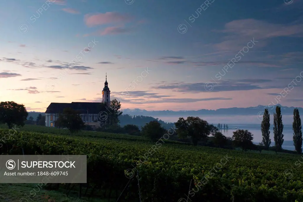 The pilgrimage church Birnau on Lake Constance at dawn with a view of the Alps, Bodenseekreis district, Baden-Wuerttemberg, Germany, Europe