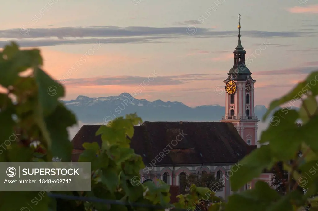 The pilgrimage church Birnau on Lake Constance at dawn with a view of the Saentis, Bodenseekreis district, Baden-Wuerttemberg, Germany, Europe