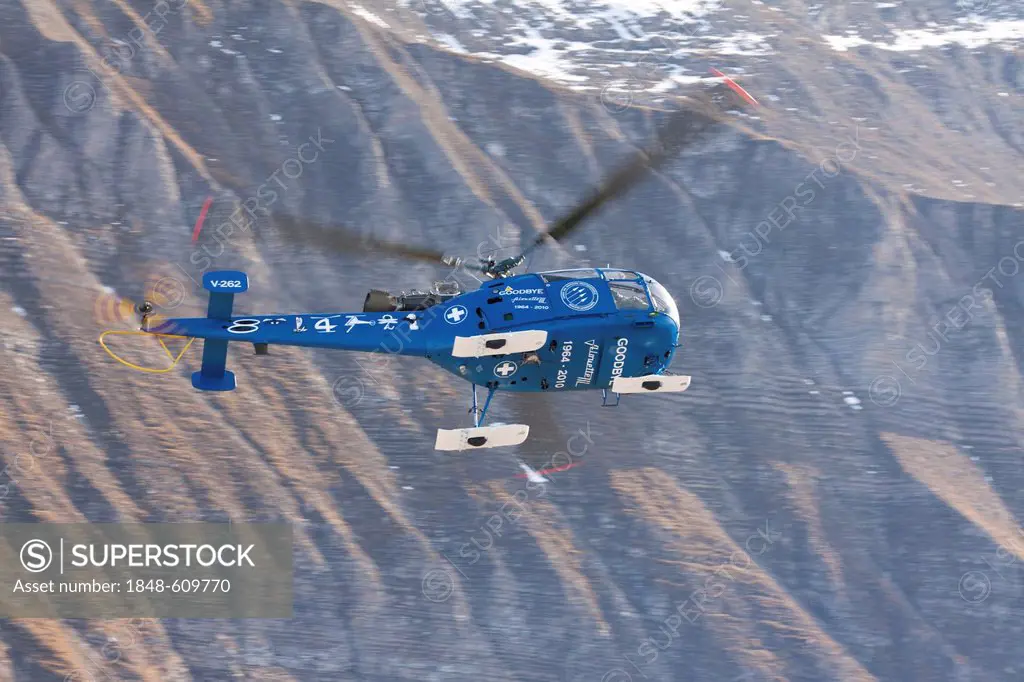 Farewell flight of the Swiss military helicopter Alouette III with special paint, mountain-air show of the Swiss Air Force at Axalp, Ebenfluh, Interla...