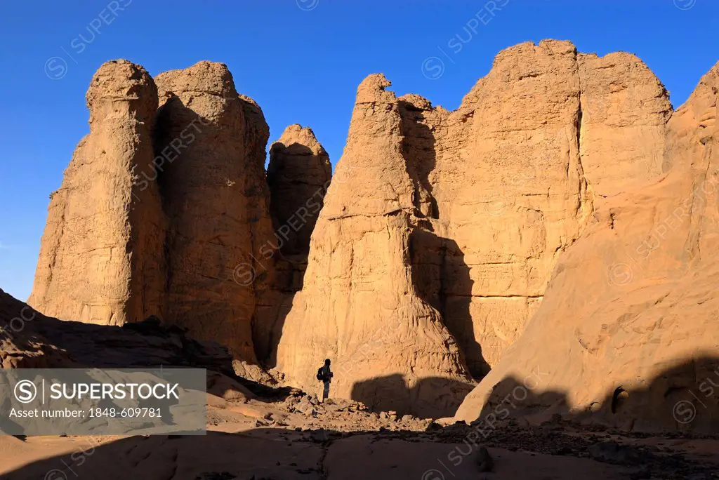 Rocky desert landscape at El Ghessour, Tassili du Hoggar, Wilaya Tamanrasset, Algeria, Sahara, North Africa