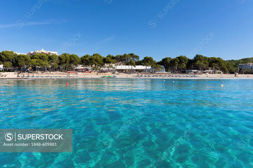 Turquoise green water at Playa Torá seen from the water, Peguera, Majorca, Balearic Islands, Spain, Europe