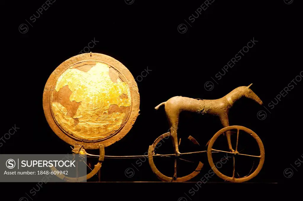 Solvognen, Trundholm sun chariot, from the Bronze Age, at display at the National Museum, Nationalmuseet, Copenhagen, Denmark, Europe