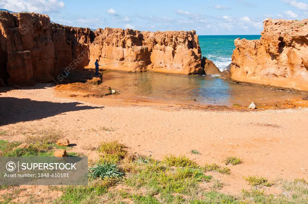 The sandy beach in the beach resort Corne d'Or, former stronghold, Tipasa, Algeria, Africa