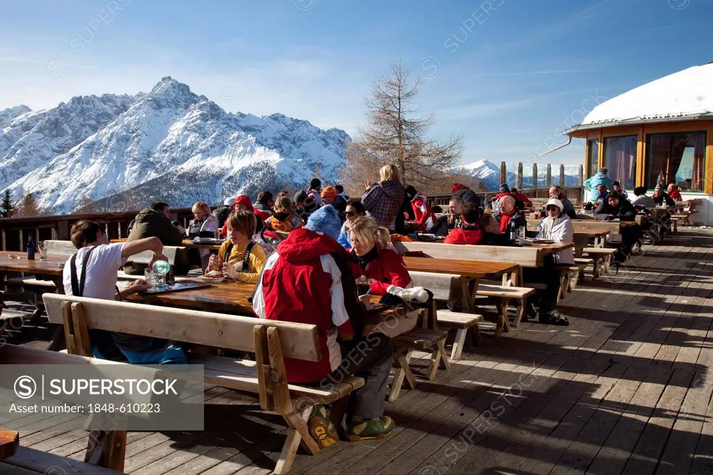 Helm Restaurant, 2060m, Helm mountain, Sexten Dolomites nature reserve, Vierschach, Sextental valley, province of Bolzano-Bozen, Italy, Europe