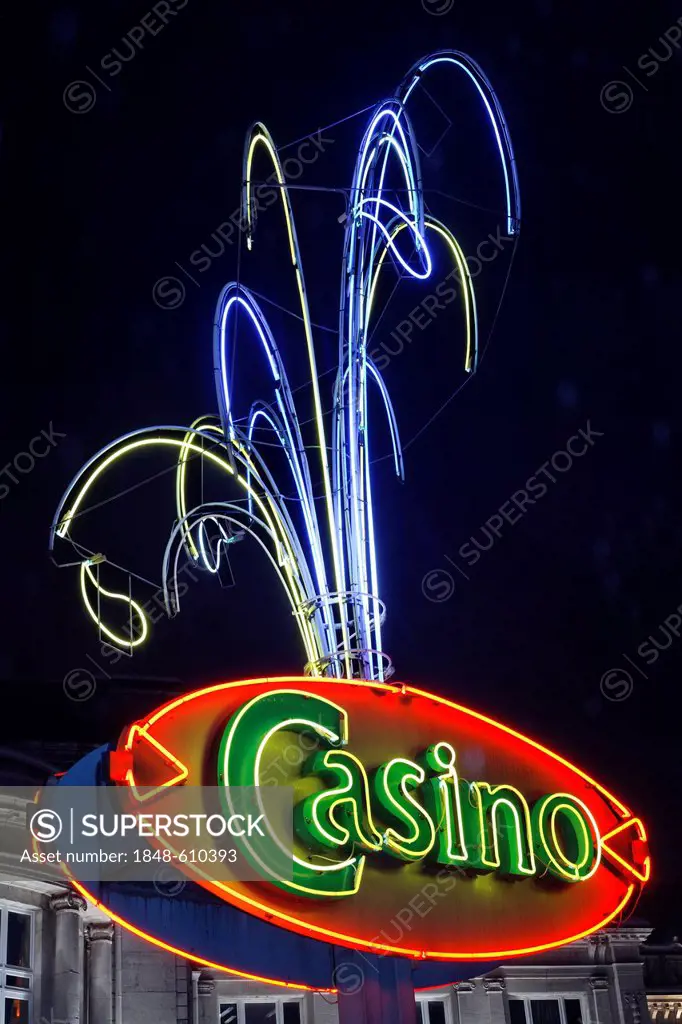 Neon sign with the lettering Casino, gambling casino in the health spa complex, Ardennes region, Liège province, Wallonia region, Belgium, Benelux, Eu...