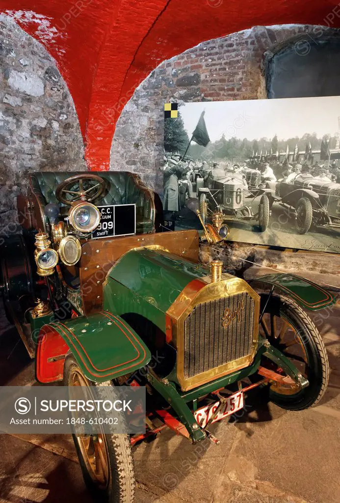 De Dion Bouton Swift, racing car of 1902, museum of the Circuit de Spa-Francorchamps race track, Stavelot Abbey, Ardennes region, Liège province, Wall...