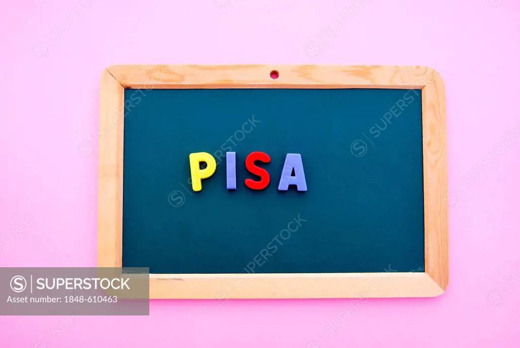 Pisa, lettering, Programme for International Student Assessment, multicoloured magnetic letters, blackboard