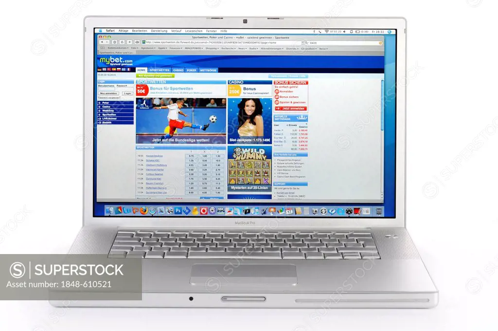 MyBet online betting portal on a notebook display, dock, menu bar