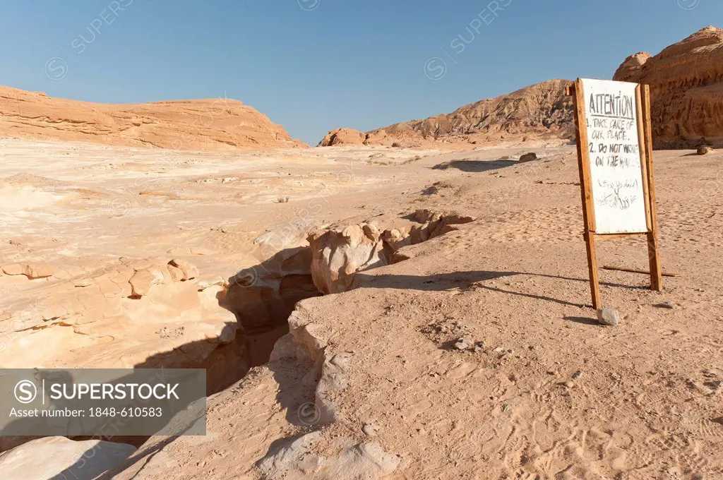 Information board at the entrance to the White Canyon, Sinai, Egypt, North Africa