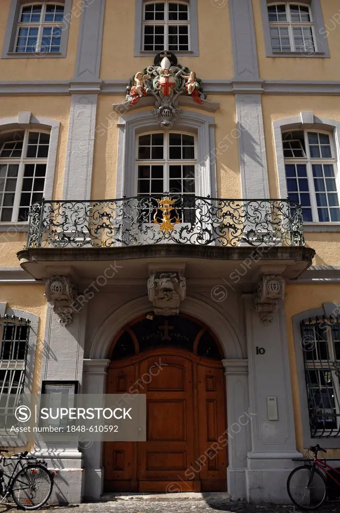 Entrance with balcony and coat of arms, Haus zum Ritter, 1756, Muensterplatz 10, Freiburg im Breisgau, Baden-Wuerttemberg, Germany, Europe