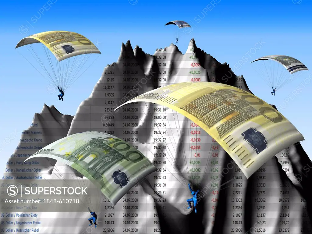 Parachutes made of euro banknotes, stock prices, illustration, symbolic image for stock exchange
