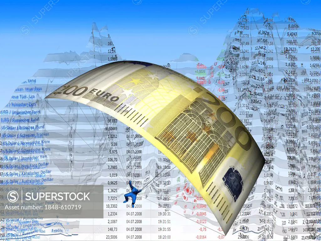 Parachute made of an euro banknote, stock prices, illustration, symbolic image for stock exchange