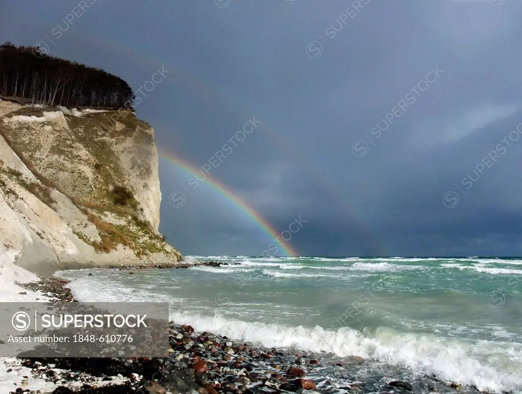 Double rainbow at the Moens Klint chalk cliffs, Moen island, Denmark, Europe