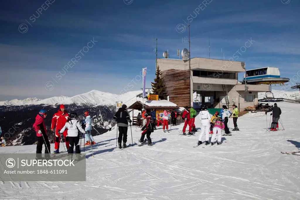 Summit station of the chair lift, skiing school, meeting point, 2060m, Helm mountain, Sexten Dolomites nature reserve, Vierschach, Sextental valley, p...
