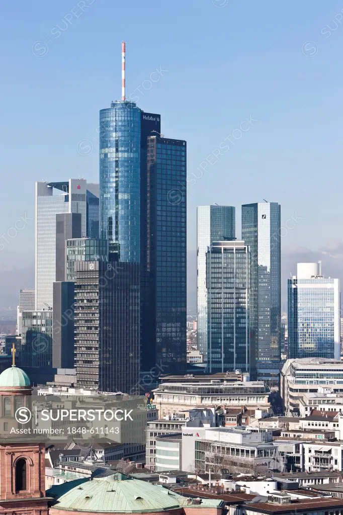 View of Frankfurt and its skyline, Hessische Landesbank, Deutsche Bank, Skyper building, Sparkasse, DZ Bank, Frankfurt am Main, Hesse, Germany, Europe