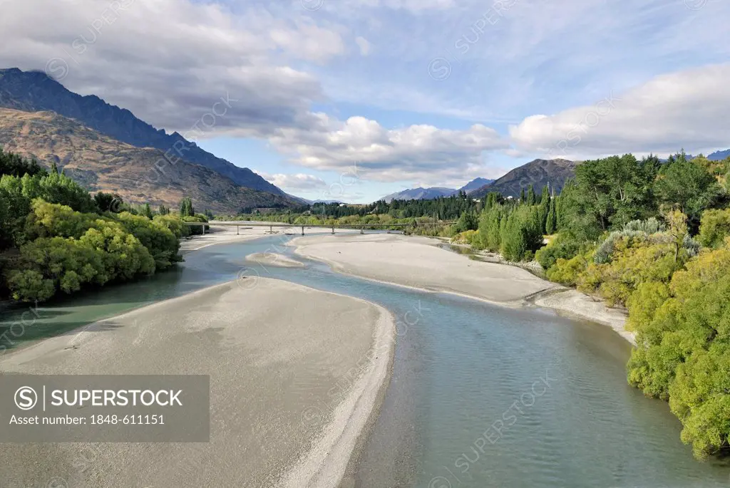 Third Shotover Bridge, 1975, with the mountains of the Remarkables, Shotover River near Queenstown, South Island, New Zealand