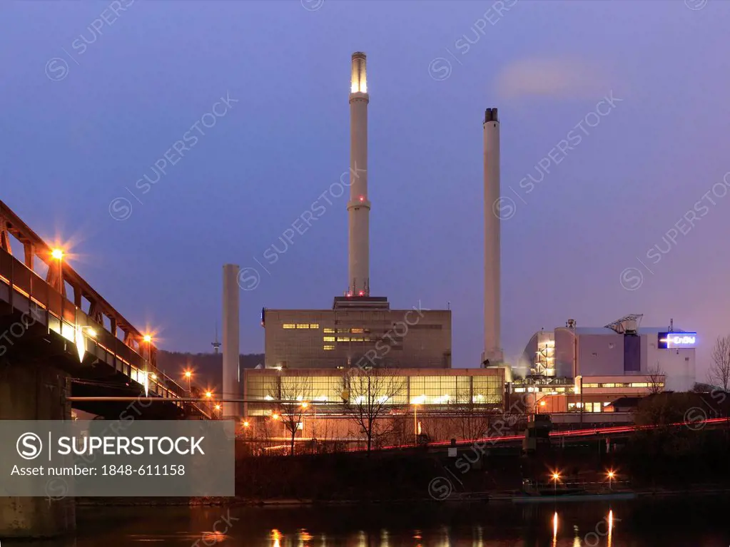 Coal-fired EnBW cogeneration plant in Stuttgart-Gaisburg on the Neckar River, on the left, the bridge over the Neckar River with district heating pipe...