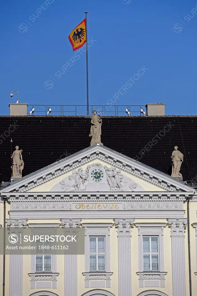 Main entrance with flag, Bellevue Palace, seat of the German Federal President, Berlin, Germany, Europe