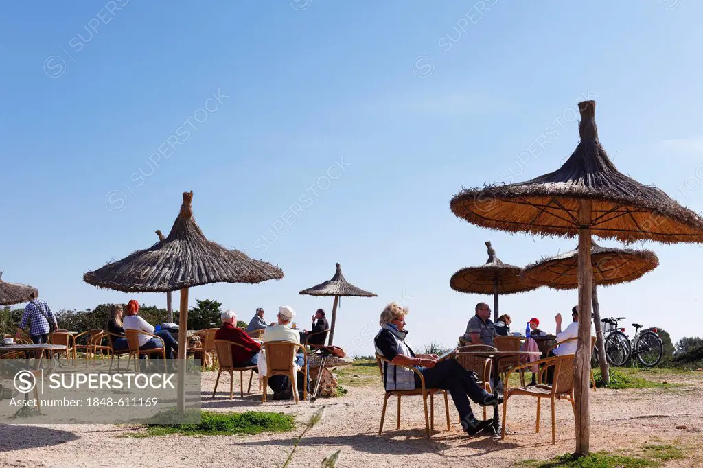 Restaurant at the defence tower in the Punta de n'Amer Nature Reserve near Cala Millor, Majorca, Balearic Islands, Spain, Europe