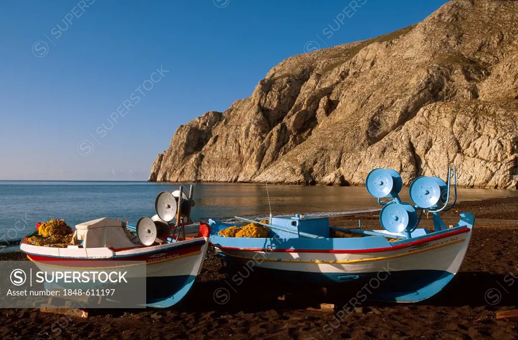 Fishing Boats on the beach of Kamari, Santorini island, Greece, Europe