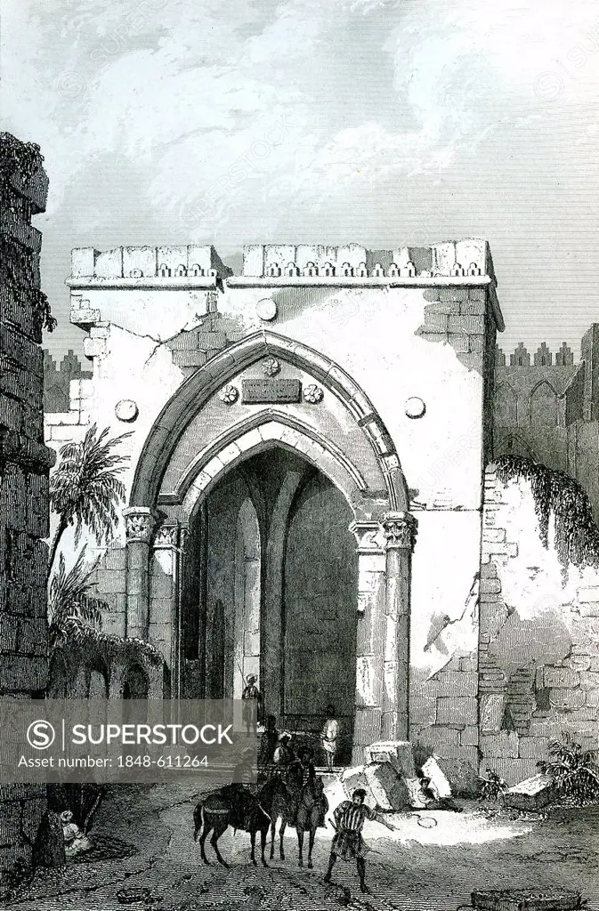Damascus Gate, XIXth century, Jerusalem, historical illustration, 1868