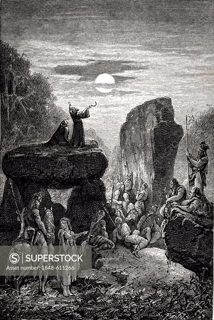 Ceremony of druids, astrology, historical illustration, 1865