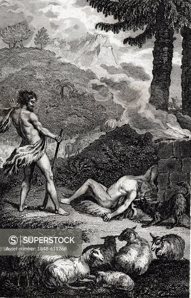 Cain has killed his brother Abel, biblical scene, historical illustration, 1865