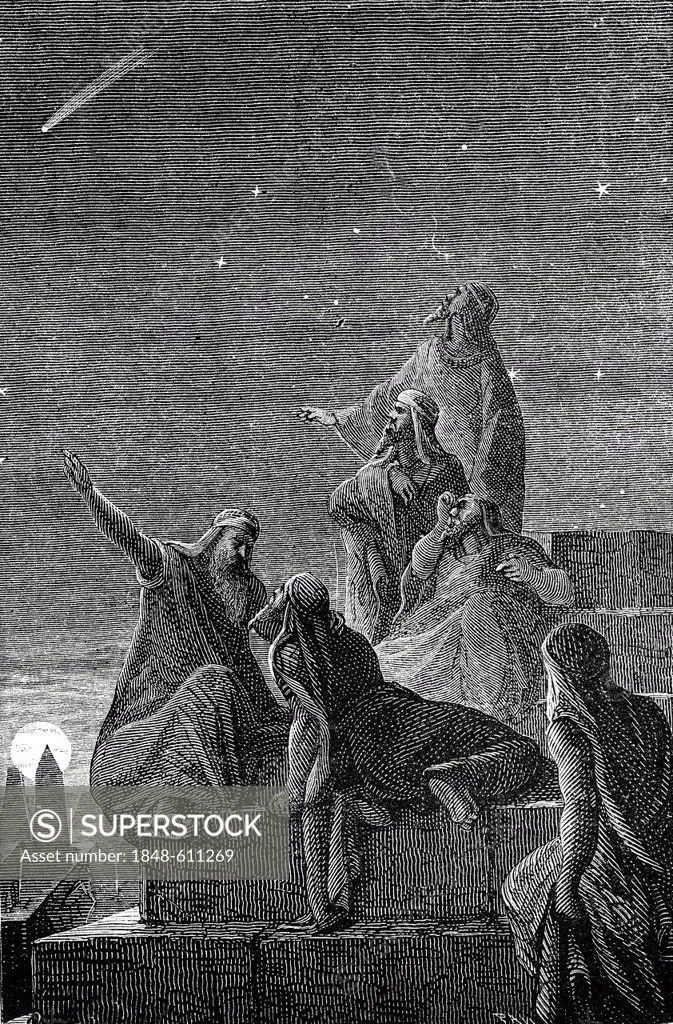Chaldean astronomers on the Tower of Babel, historical illustration, 1865