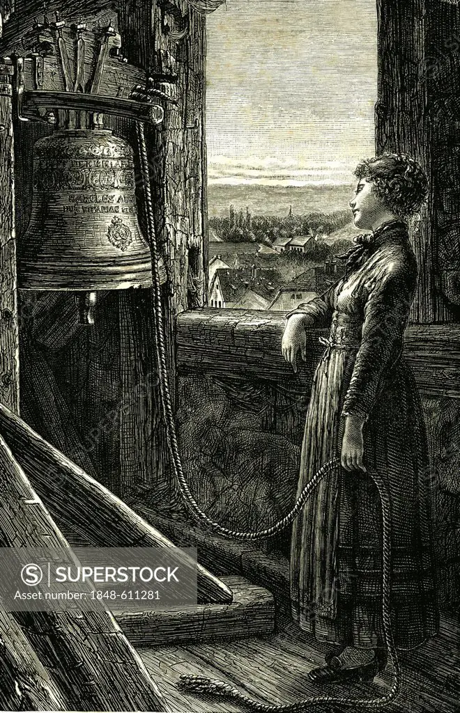 Bell ringer in Bavaria, Germany, historical illustration, 1892