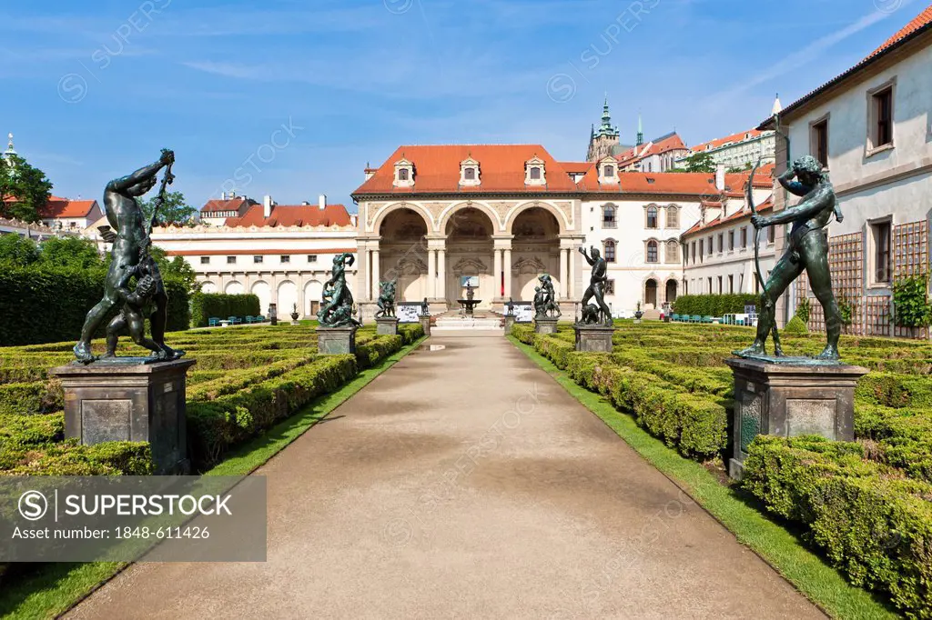 Wallenstein Palace and the castle garden, row of bronze statues, historic district, Prague, Czech Republic, Europe