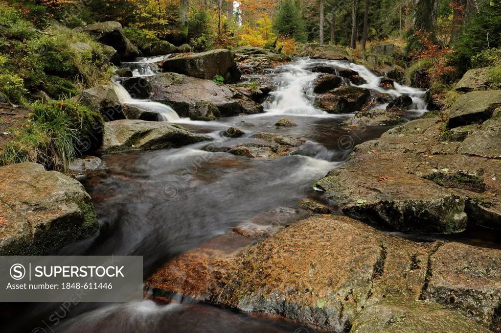 Waterfalls on the Bode River in autumn near Braunlage, Lower Saxony, Germany, Europe