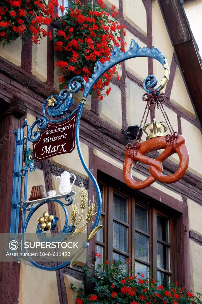 Bakery shop hanging-sign, Eguisheim, Alsace Wine Route, France, Europe