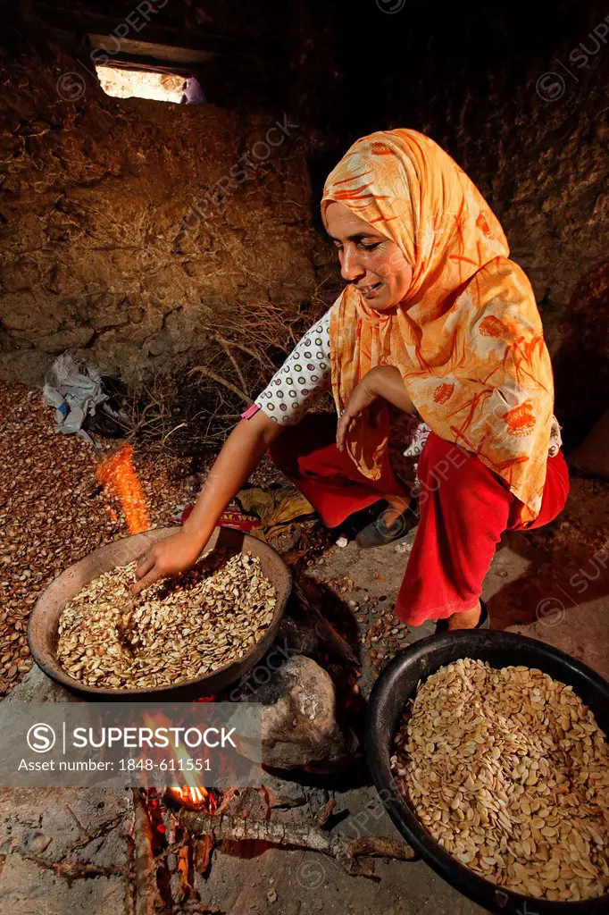 Woman roasting Argan (Argania spinosa) almonds over a fire in her hut for the traditional manufacturing process of argan oil, near Essaouira, Morocco,...