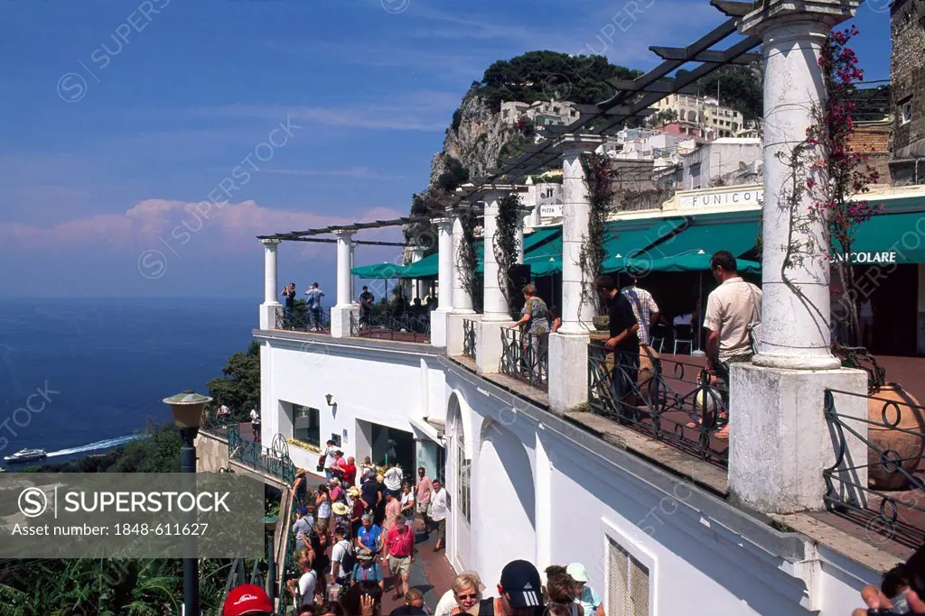 Terrace at the terminus of the cable car in the town of Capri, Capri, Italy, Europe
