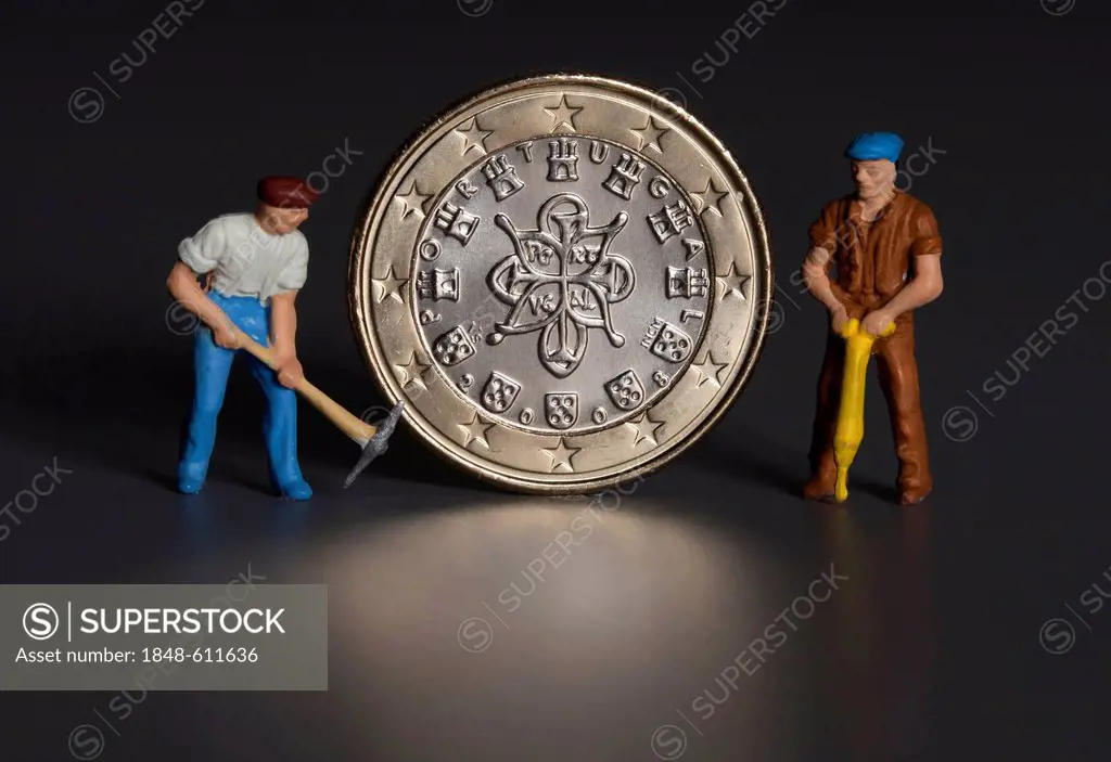 Portuguese 1 euro coin with miniature worker figures, symbolic image for the labor market, one-euro jobs, debt, wages, pensions
