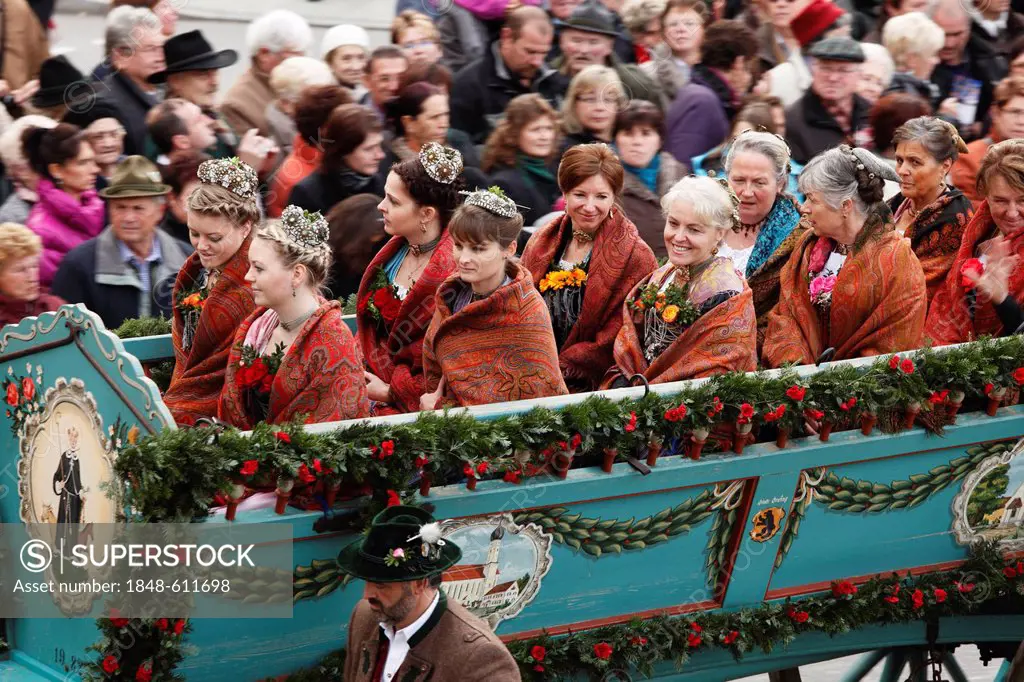 Women wearing traditional costume, Leonhardi procession, Bad Toelz, Isarwinkel, Upper Bavaria, Bavaria, Germany, Europe