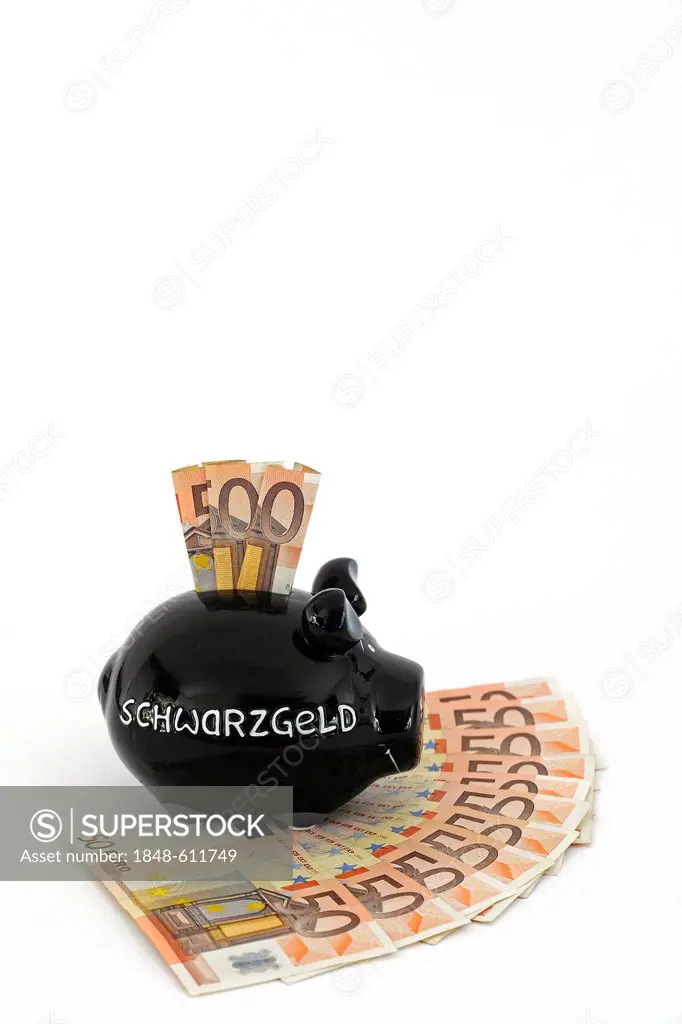 Black piggy bank with Schwarzgeld or dirty money and 50-euro notes